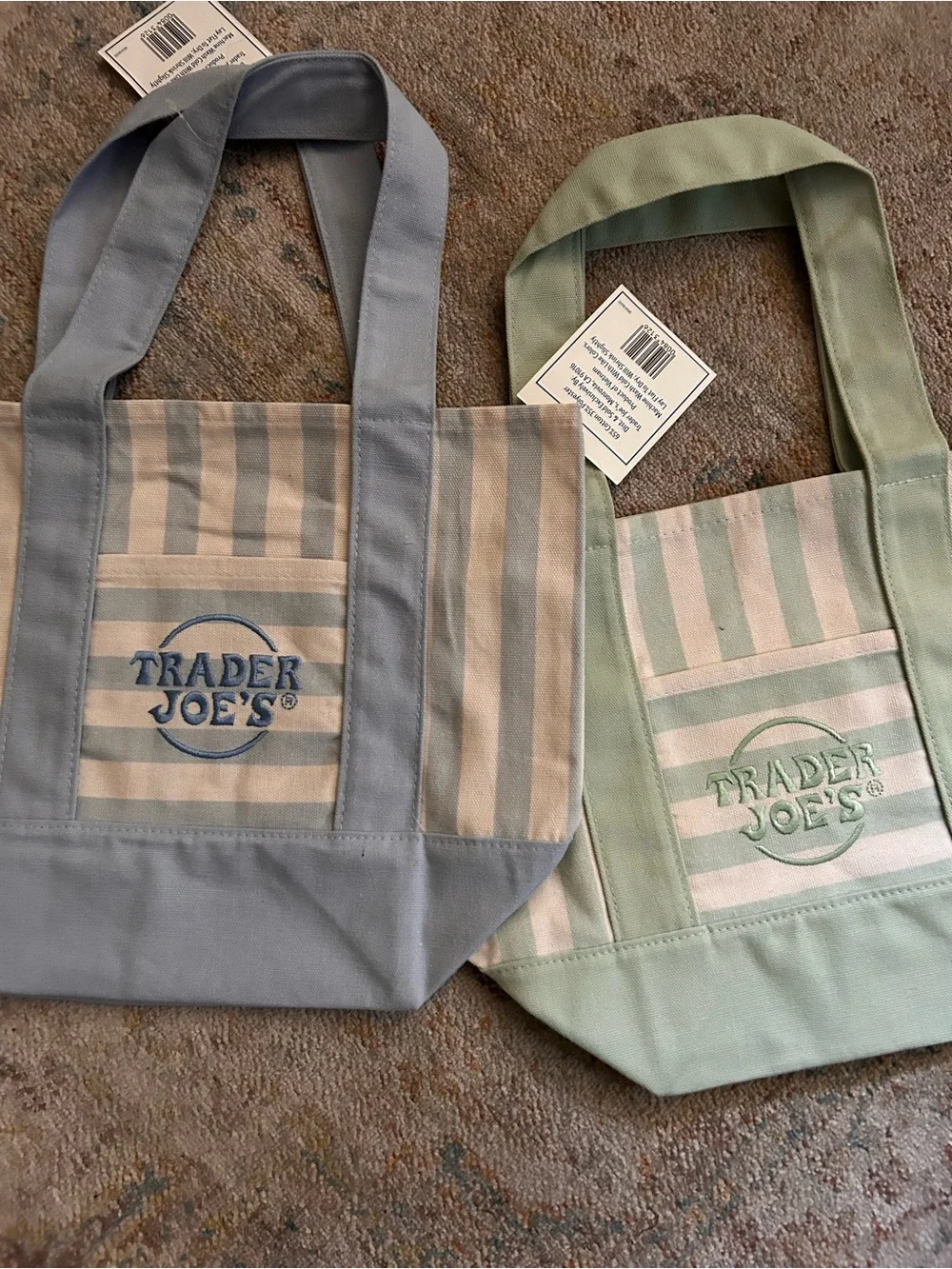 Striped Canvas Tote Bag - Sage Green and Dusty Blue